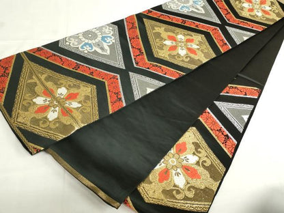 平和屋着物◎六通柄　京本袋帯　唐織　花菱文　黒地　金銀糸　正絹　逸品　DABF0323ea
