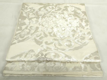 平和屋着物◎六通柄　本袋帯　春慶錦　ふくれ織　花絵皿文　銀糸　正絹　逸品　DABF0325ea