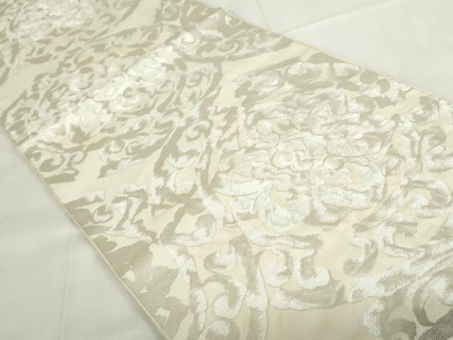 平和屋着物◎六通柄　本袋帯　春慶錦　ふくれ織　花絵皿文　銀糸　正絹　逸品　DABF0325ea