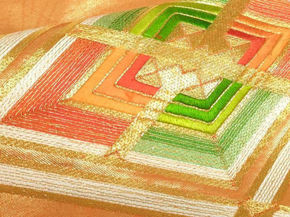 平和屋着物◎九寸名古屋帯　駒刺繍　総刺繍　花菱文　金糸　正絹　逸品　DABF0326ea
