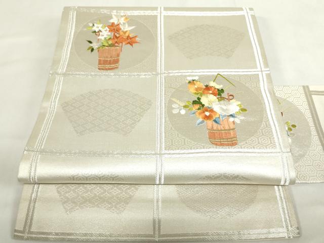 平和屋着物◎九寸名古屋帯　総刺繍　竹器花文　格子　金銀糸　正絹　逸品　DABF0327ea