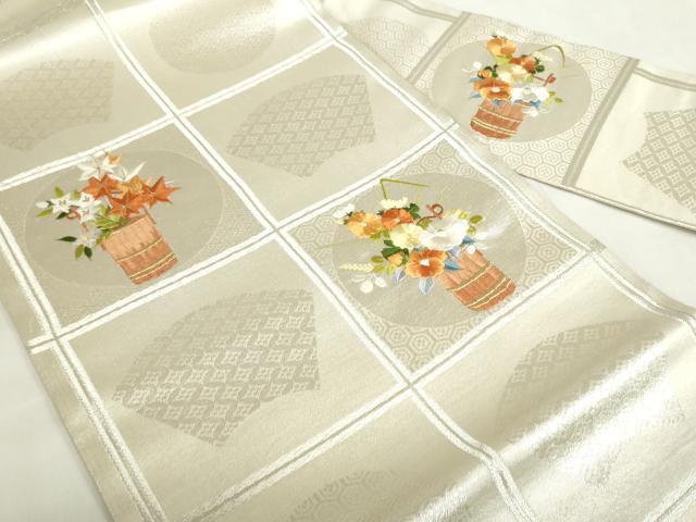 平和屋着物◎九寸名古屋帯　総刺繍　竹器花文　格子　金銀糸　正絹　逸品　DABF0327ea