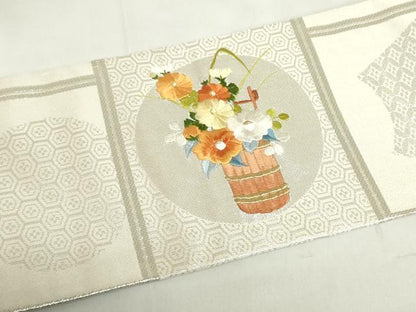 平和屋着物◎九寸名古屋帯　総刺繍　竹器花文　格子　金銀糸　正絹　逸品　DABF0327ea