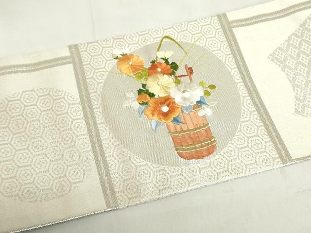 平和屋着物◎九寸名古屋帯　総刺繍　竹器花文　格子　金銀糸　正絹　逸品　DABF0327ea