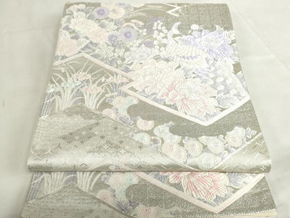 平和屋着物◎六通柄袋帯　九百錦　孔雀花文　プラチナ箔　正絹　逸品　DABF0333ea