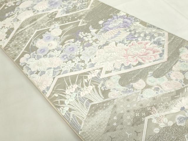平和屋着物◎六通柄袋帯　九百錦　孔雀花文　プラチナ箔　正絹　逸品　DABF0333ea