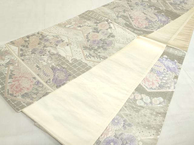 平和屋着物◎六通柄袋帯　九百錦　孔雀花文　プラチナ箔　正絹　逸品　DABF0333ea