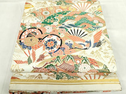 平和屋着物◎アンティーク　大正ロマン　丸帯　唐織　扇面飛鶴花松文　金糸　正絹　逸品　DABF0339ea