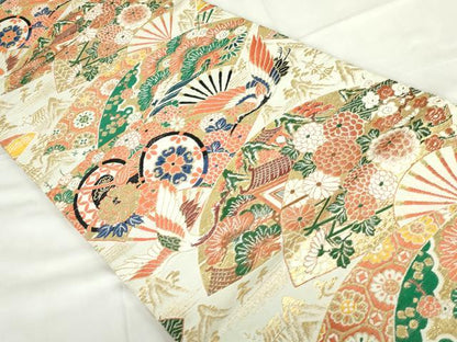 平和屋着物◎アンティーク　大正ロマン　丸帯　唐織　扇面飛鶴花松文　金糸　正絹　逸品　DABF0339ea