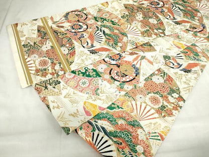 平和屋着物◎アンティーク　大正ロマン　丸帯　唐織　扇面飛鶴花松文　金糸　正絹　逸品　DABF0339ea