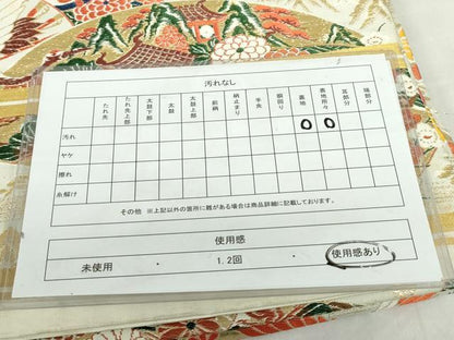 平和屋着物◎アンティーク　大正ロマン　丸帯　唐織　扇面飛鶴花松文　金糸　正絹　逸品　DABF0339ea