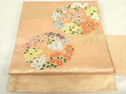 平和屋着物◎西陣　九寸名古屋帯　唐織　花丸文　菊　金銀糸　引箔　正絹　逸品　DABF0341ea