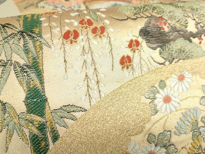 平和屋着物◎六通柄袋帯　唐織　王朝扇面　松竹梅　金糸　正絹　逸品　DABF0342ea