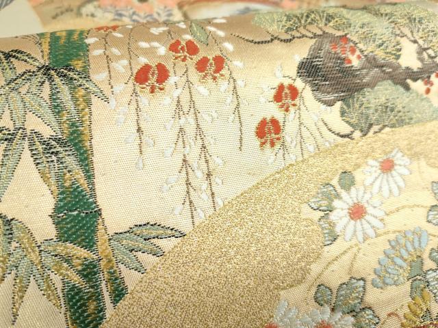 平和屋着物◎六通柄袋帯　唐織　王朝扇面　松竹梅　金糸　正絹　逸品　DABF0342ea