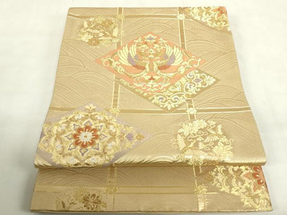 平和屋着物◎六通柄袋帯　唐織　格天井花鳥菱文　金糸　正絹　逸品　DABF0354ea