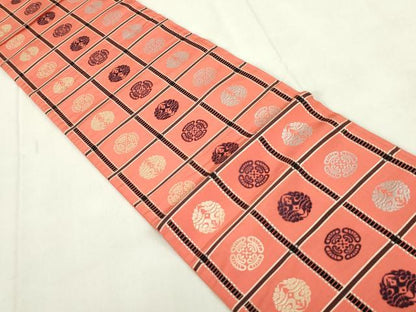 平和屋着物◎本場筑前博多織　半幅帯　格子飛鶴丸文　正絹　逸品　DABF0356ea