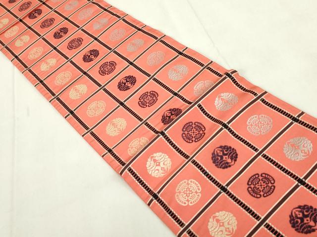 平和屋着物◎本場筑前博多織　半幅帯　格子飛鶴丸文　正絹　逸品　DABF0356ea