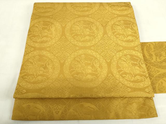 平和屋着物◎九寸名古屋帯　狩猟円文　山吹茶色　正絹　逸品　DABF0376ea