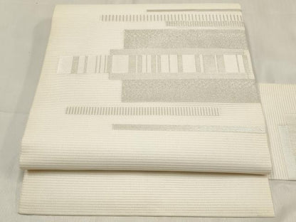 平和屋着物＊夏物　九寸名古屋帯　横段文　銀糸　正絹　逸品　DABF0385ea