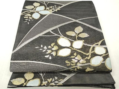 平和屋着物＊夏物　六通柄袋帯　こかげ　枝花文　黒地　金銀糸　正絹　逸品　DABF0409ea