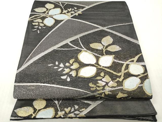 平和屋着物＊夏物　六通柄袋帯　こかげ　枝花文　黒地　金銀糸　正絹　逸品　DABF0409ea