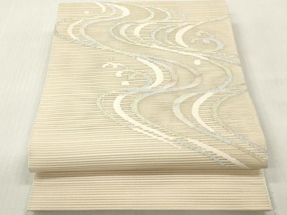 平和屋着物＊夏物　八寸名古屋帯　絽綴れ　立波文　銀糸　長尺　正絹　逸品　DABF0423ea