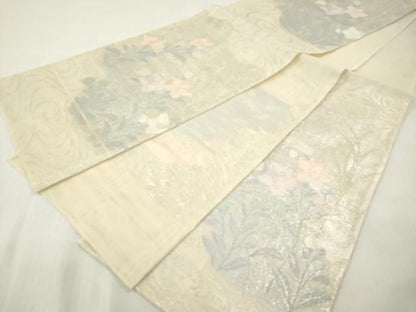 平和屋着物＊夏物　六通柄袋帯　流水桔梗花文　銀糸　正絹　逸品　DABF0429ea