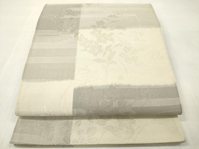 平和屋着物＊夏物　六通柄袋帯　変わり市松　秋草文　銀糸　正絹　逸品　DABF0435ea