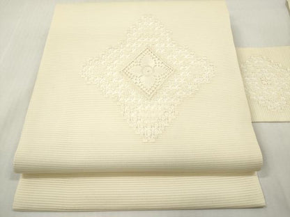 平和屋着物＊夏物　九寸名古屋帯　絽綴れ　ドロンワーク　花菱文　鳥の子色　正絹　逸品　DABF0442ea