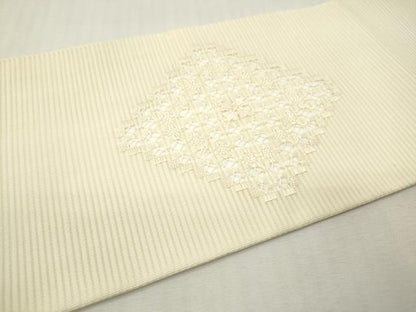 平和屋着物＊夏物　九寸名古屋帯　絽綴れ　ドロンワーク　花菱文　鳥の子色　正絹　逸品　DABF0442ea