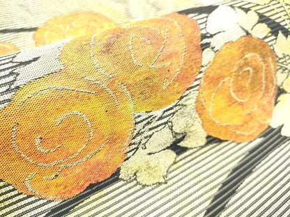 平和屋着物＊夏物　九寸名古屋帯　草花文　黒地　金糸　正絹　逸品　DABF0443ea