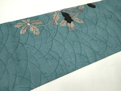 平和屋着物＊夏物　アンティーク　大正ロマン　丸帯　総手刺繍　枝葉文　銀糸　引き抜き帯　正絹　逸品　DABF0450ea