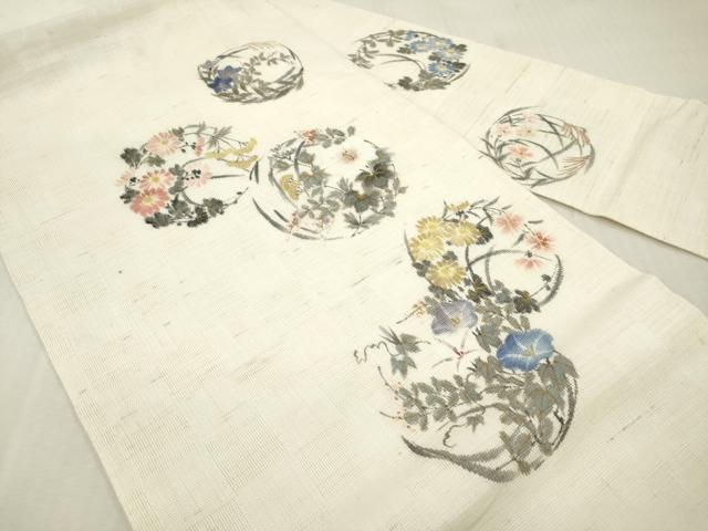 平和屋着物＊夏物　染色作家　桐山紫香　手描き　九寸名古屋帯　四季花丸文　正絹　逸品　DABF0453ea