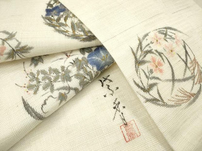 平和屋着物＊夏物　染色作家　桐山紫香　手描き　九寸名古屋帯　四季花丸文　正絹　逸品　DABF0453ea