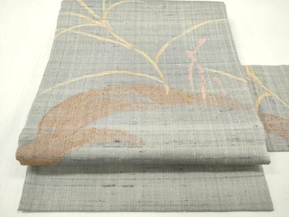 平和屋着物＊夏物　九寸名古屋帯　紬地　筑紫　つくし　草葉文　正絹　逸品　未使用　DABF0473ea