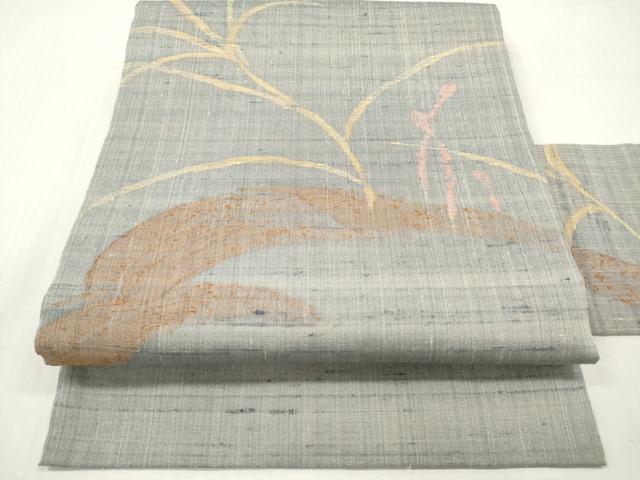 平和屋着物＊夏物　九寸名古屋帯　紬地　筑紫　つくし　草葉文　正絹　逸品　未使用　DABF0473ea