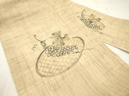 平和屋着物＊夏物　九寸名古屋帯　手描き　籠皿に葡萄　麻　逸品　DABF0476ea