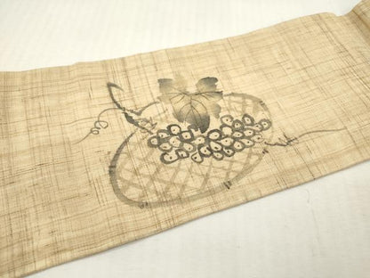 平和屋着物＊夏物　九寸名古屋帯　手描き　籠皿に葡萄　麻　逸品　DABF0476ea