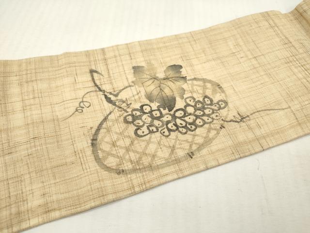 平和屋着物＊夏物　九寸名古屋帯　手描き　籠皿に葡萄　麻　逸品　DABF0476ea