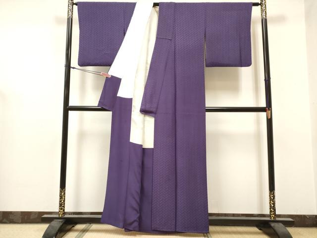 平和屋着物■上質な色無地　桧垣地紋　深紫色　正絹　逸品　DABF0491ea