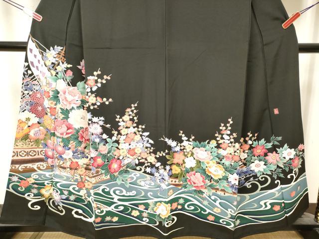 平和屋着物■豪華黒留袖　友禅　作家物　立波花船文　正絹　逸品　DABF0496ea