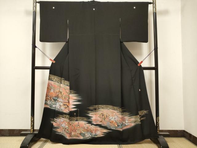 平和屋着物■豪華黒留袖　作家物　駒刺繍　山車　扇面花松文　暈し染め　金彩　正絹　逸品　DABF0498ea