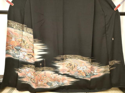 平和屋着物■豪華黒留袖　作家物　駒刺繍　山車　扇面花松文　暈し染め　金彩　正絹　逸品　DABF0498ea