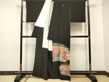 平和屋着物■豪華黒留袖　作家物　駒刺繍　山車　扇面花松文　暈し染め　金彩　正絹　逸品　DABF0498ea