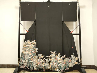 平和屋着物■豪華黒留袖　友禅　作家物　飛鶴花松文　正絹　逸品　DABF0505ea