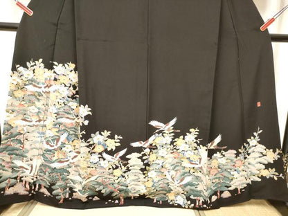 平和屋着物■豪華黒留袖　友禅　作家物　飛鶴花松文　正絹　逸品　DABF0505ea