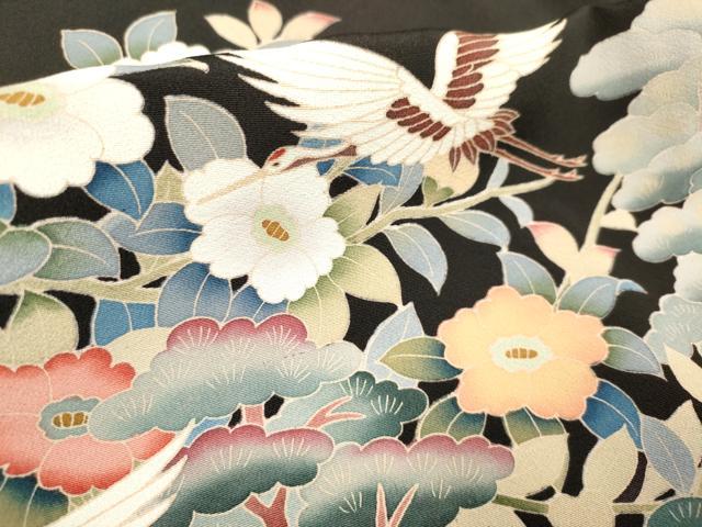 平和屋着物■豪華黒留袖　友禅　作家物　飛鶴花松文　正絹　逸品　DABF0505ea
