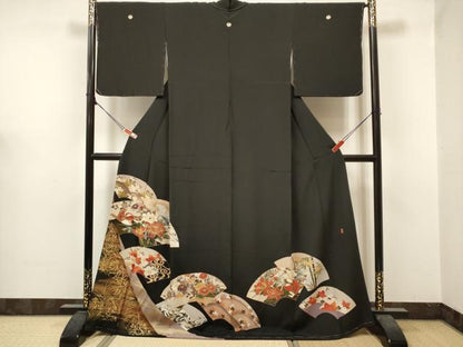 平和屋着物■豪華黒留袖　衣輪　刺繍　地紙重ね　鴛鴦花文　金彩　正絹　逸品　DABF0508ea