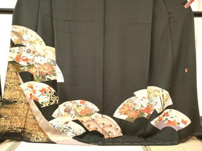平和屋着物■豪華黒留袖　衣輪　刺繍　地紙重ね　鴛鴦花文　金彩　正絹　逸品　DABF0508ea