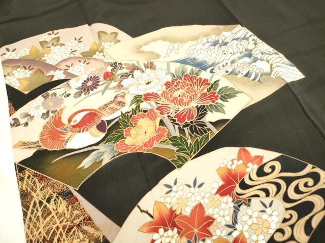 平和屋着物■豪華黒留袖　衣輪　刺繍　地紙重ね　鴛鴦花文　金彩　正絹　逸品　DABF0508ea